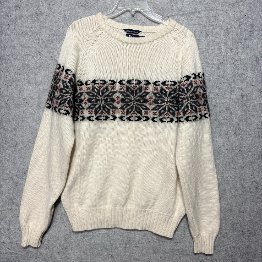 Bass Wool Sweater Mens M Fair Isle Nordic Snowflake Cream Raglan Vintage